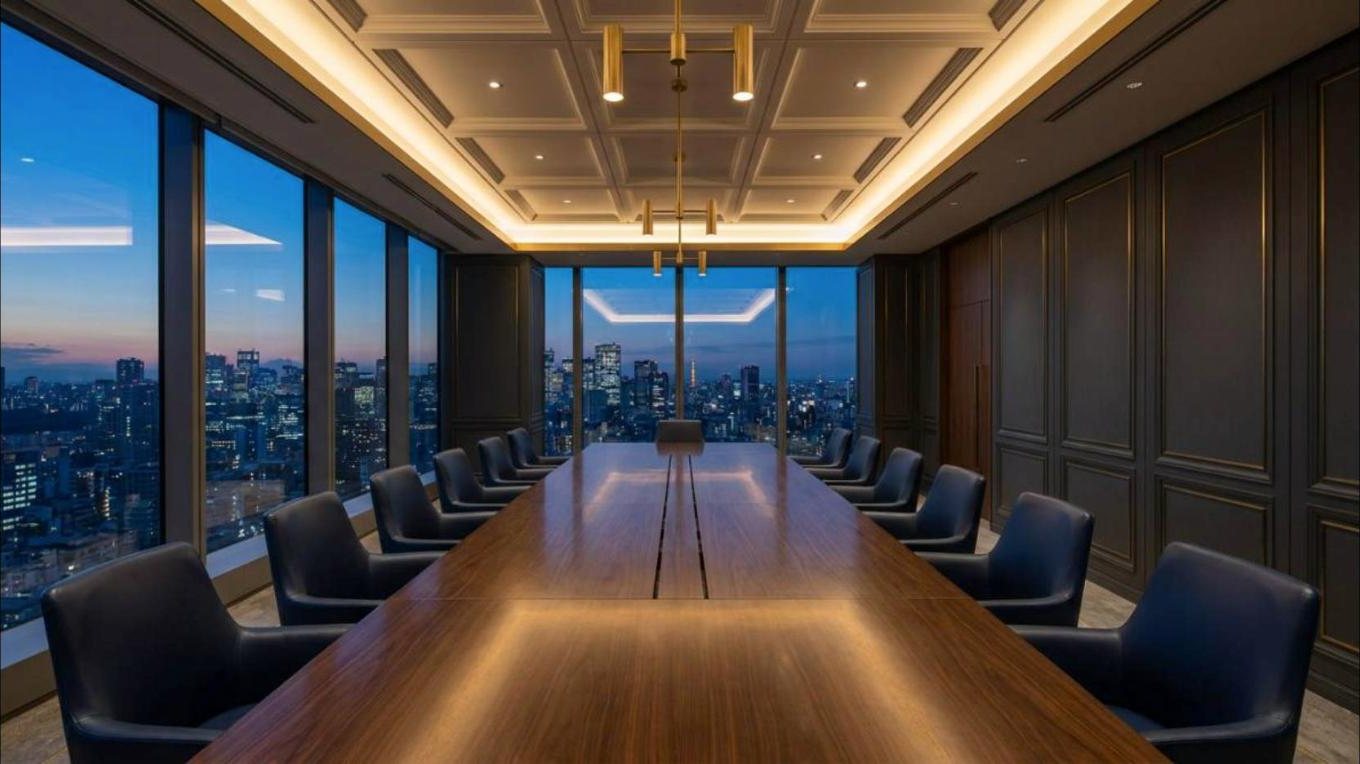 Executive boardroom overlooking an international city skyline at dusk