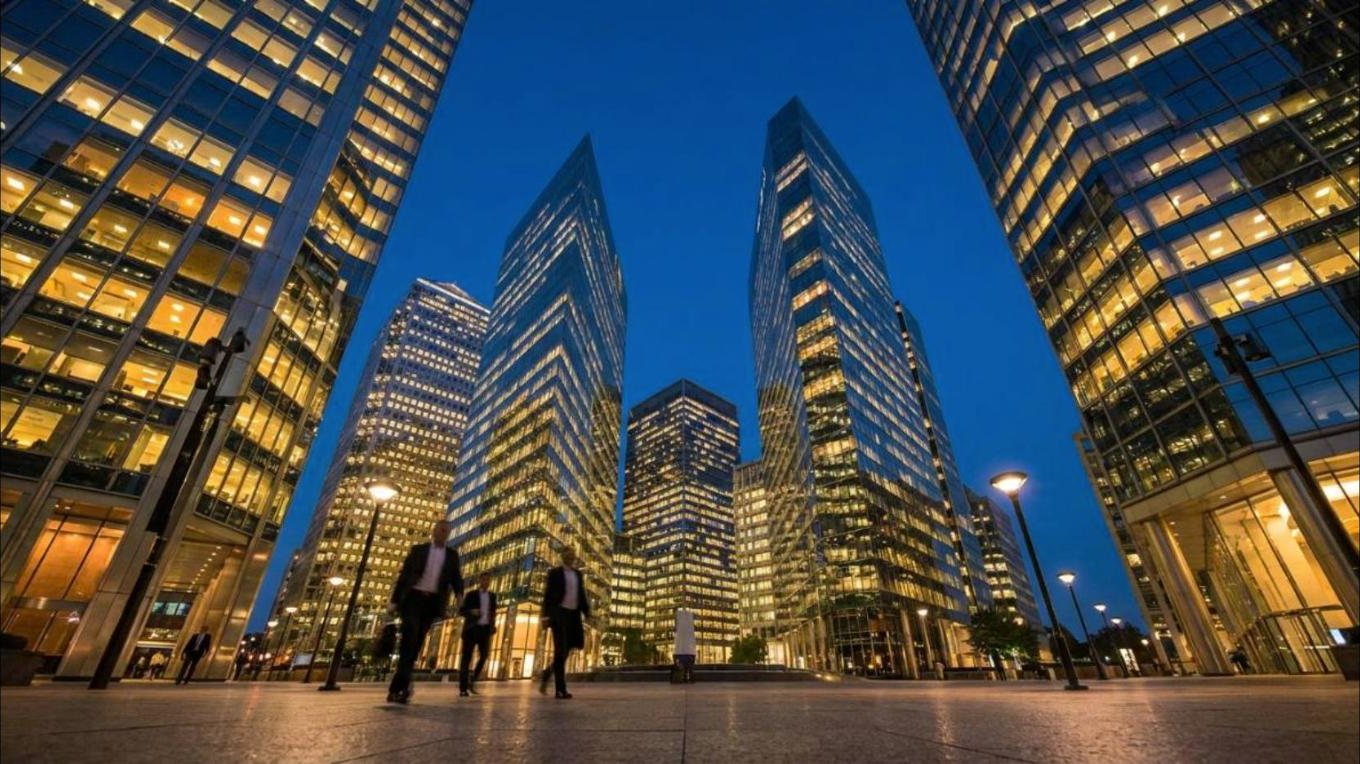 Modern glass office towers in a financial district at dusk